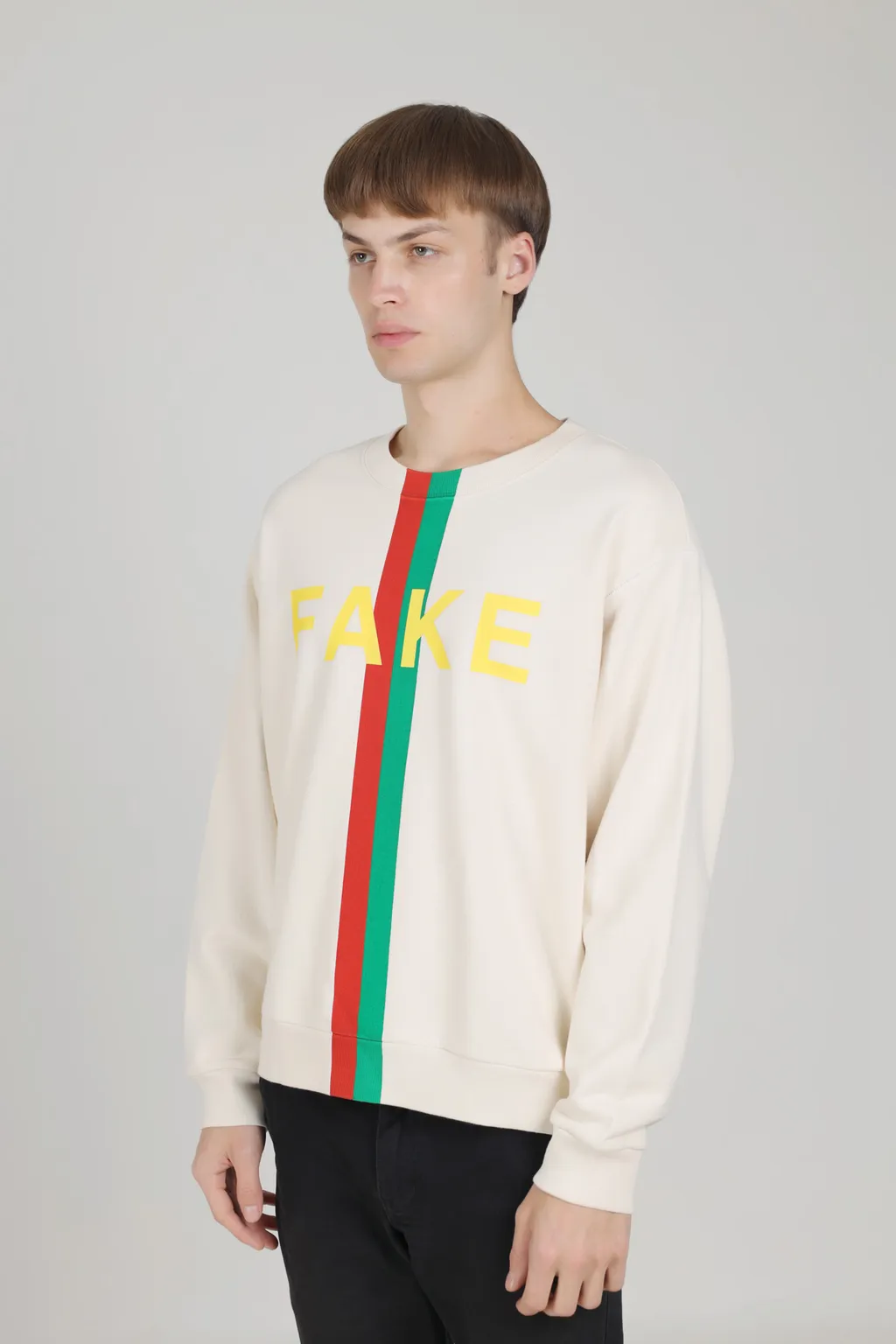 GUCCI Men 'Fake/Not' Print Oversize Sweatshirt in Off White with Web Stripe 3