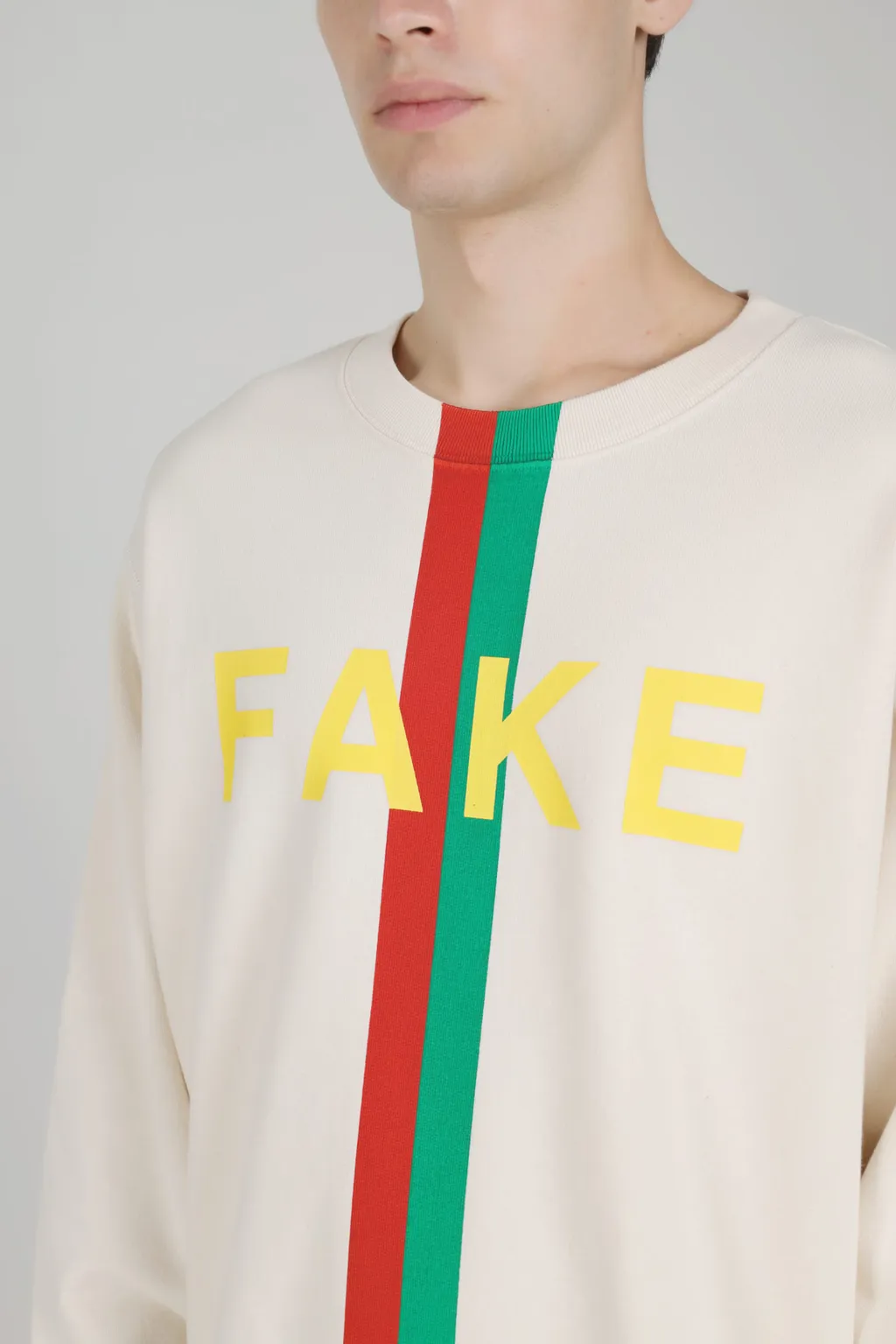 GUCCI Men 'Fake/Not' Print Oversize Sweatshirt in Off White with Web Stripe 4