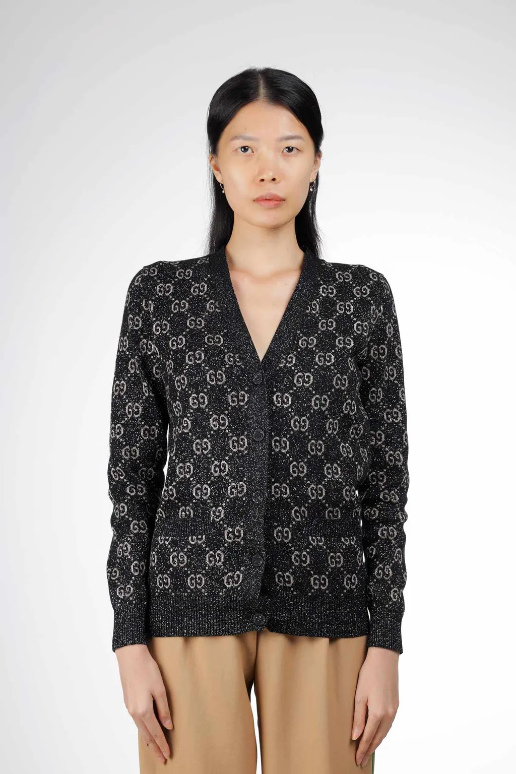 GUCCI Women GG Jacquard Lame V-Neck Cardigan in Black/Beige 1