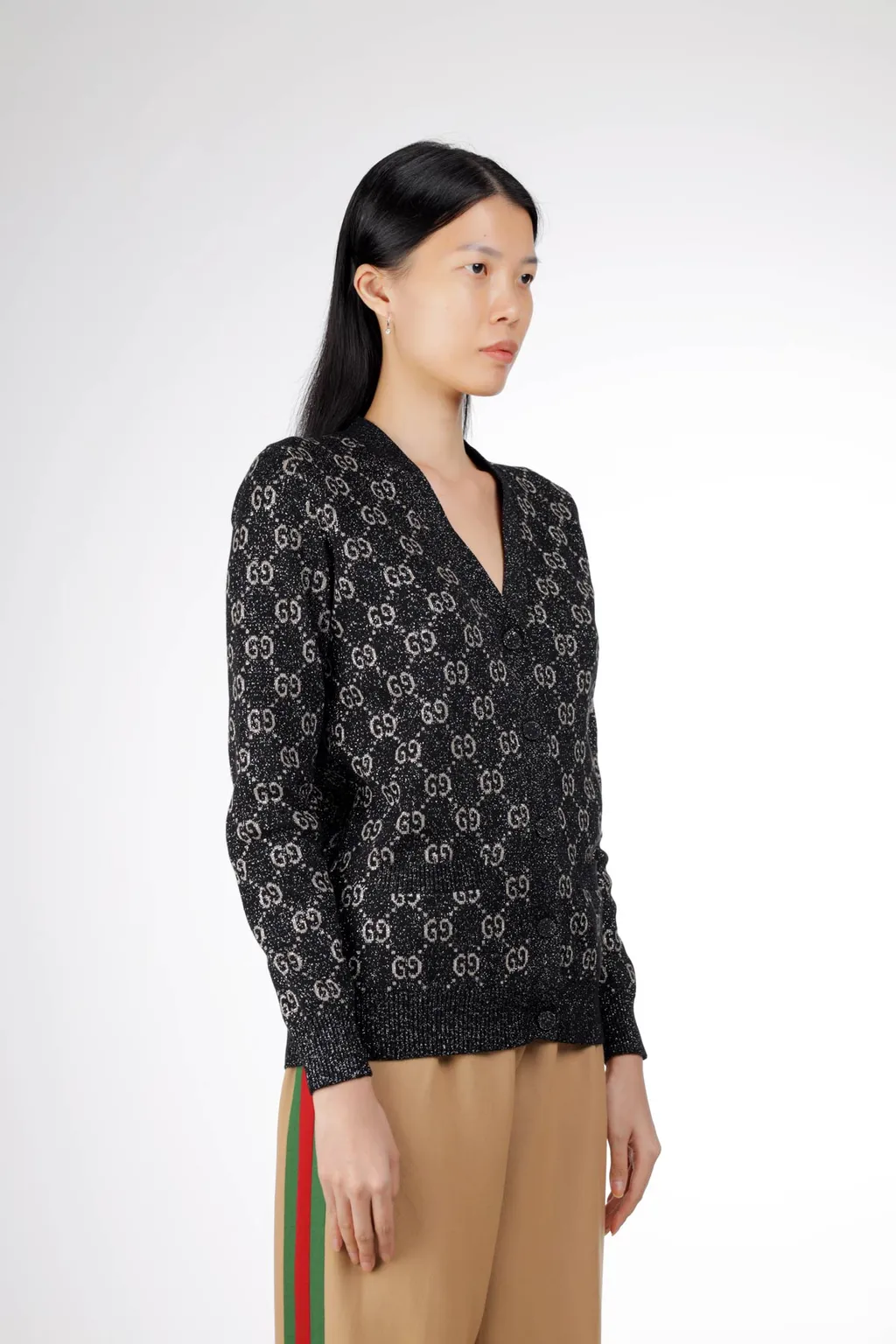 GUCCI Women GG Jacquard Lame V-Neck Cardigan in Black/Beige 3