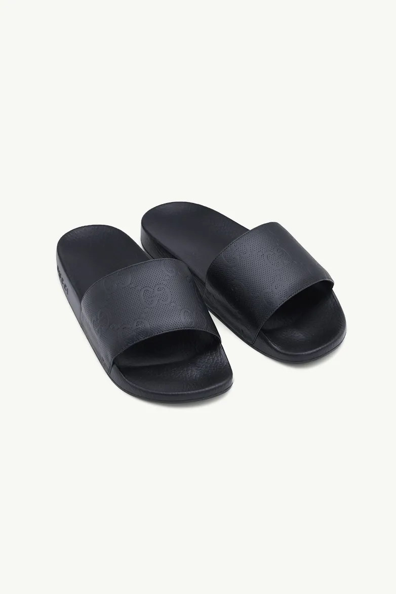 GUCCI Men All Over Logo Motif Slides in Black Demetra 1