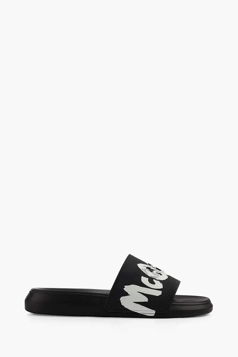 ALEXANDER MCQUEEN Men 'MCQUEEN' Graffiti Rubber Pool Slide in Black/White 0