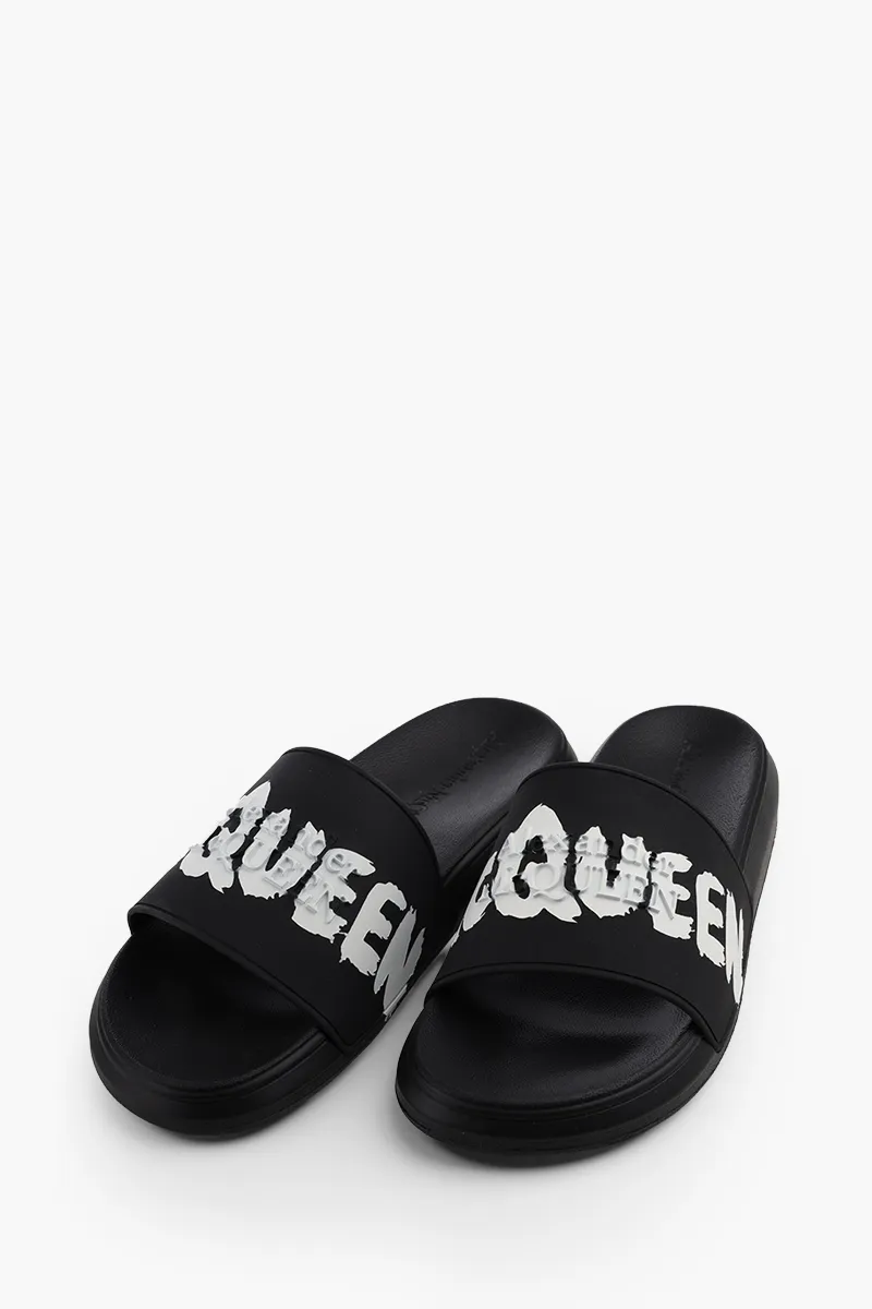 ALEXANDER MCQUEEN Men 'MCQUEEN' Graffiti Rubber Pool Slide in Black/White 1