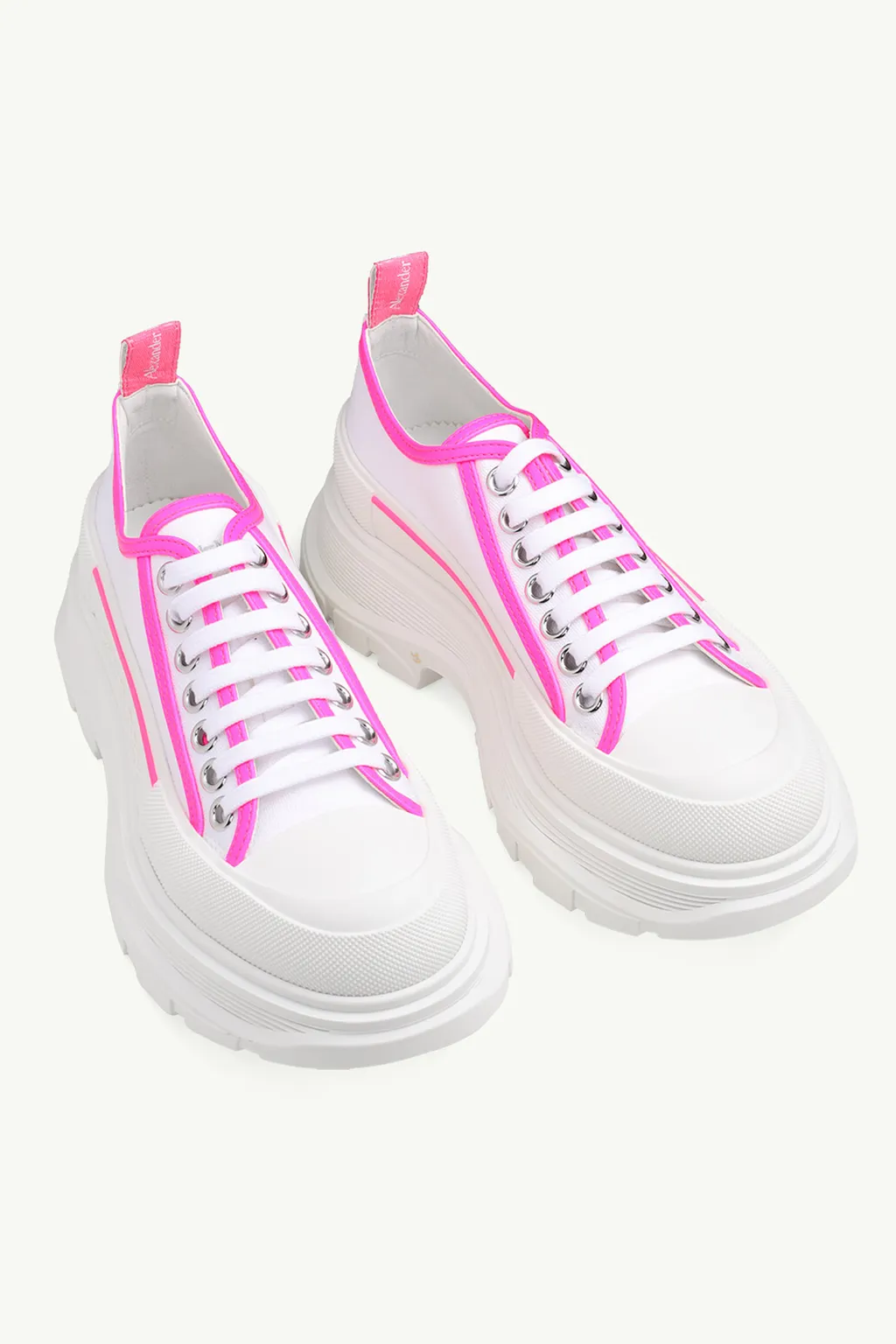 ALEXANDER MCQUEEN Women Tread Slick Lace-up Sneakers in White/Pink 1