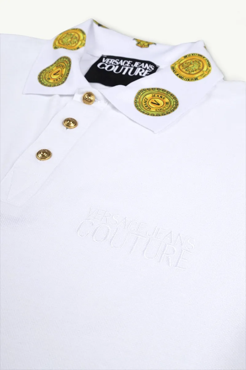 VERSACE JEANS COUTURE Men Sun Logo on Collar Polo Shirt in White/Gold 2