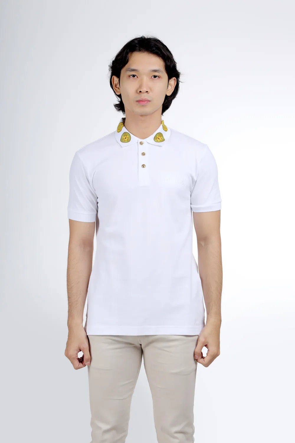 VERSACE JEANS COUTURE Men Sun Logo on Collar Polo Shirt in White/Gold 4