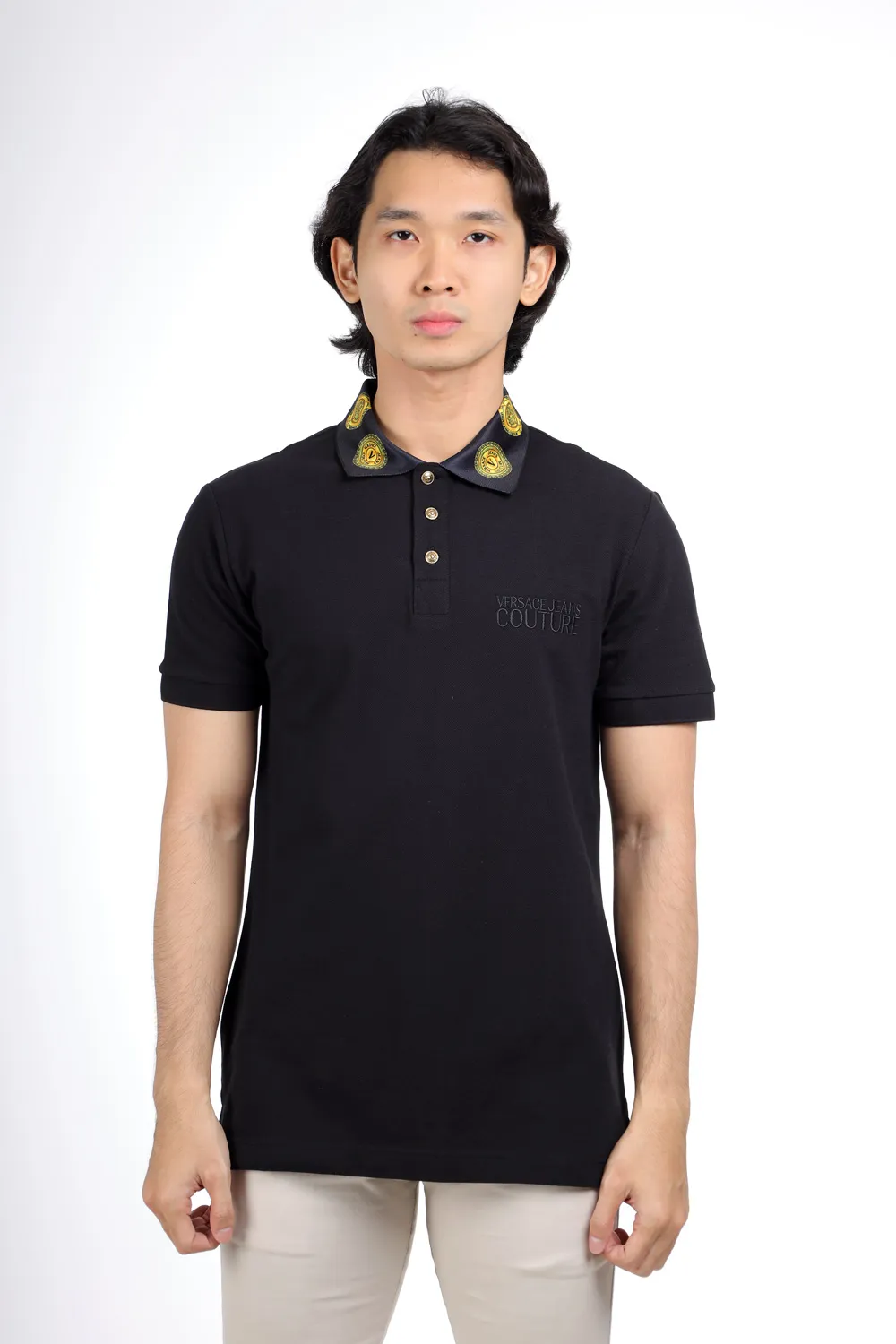 VERSACE JEANS COUTURE Men Sun Logo on Collar Polo Shirt in Black/Gold 4