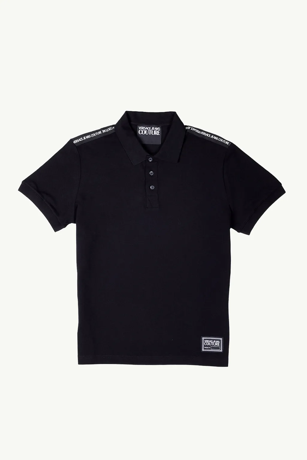VERSACE JEANS COUTURE Men Rectangle Chain Logo on Bottom Polo Shirt in Black with Ribbed Trims 0
