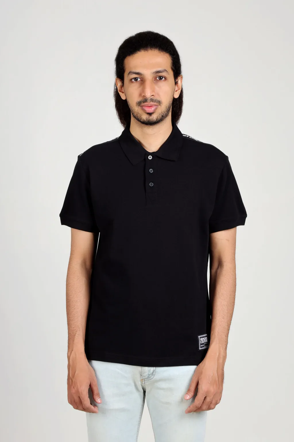 VERSACE JEANS COUTURE Men Rectangle Chain Logo on Bottom Polo Shirt in Black with Ribbed Trims 1
