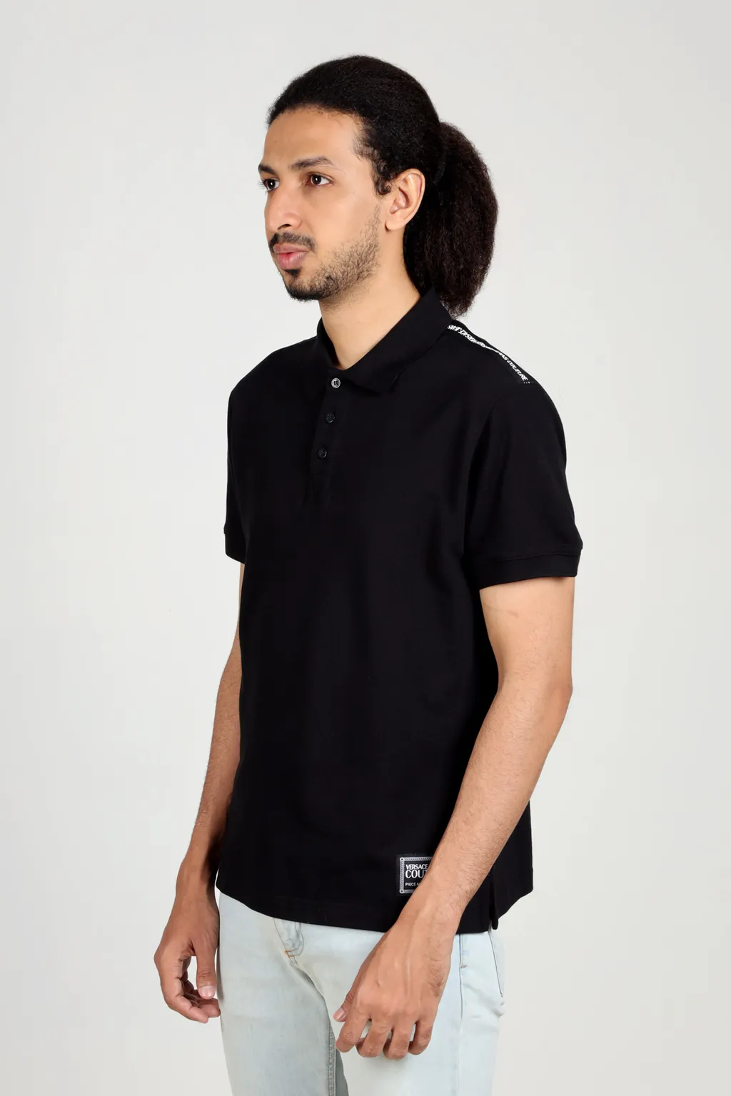 VERSACE JEANS COUTURE Men Rectangle Chain Logo on Bottom Polo Shirt in Black with Ribbed Trims 3