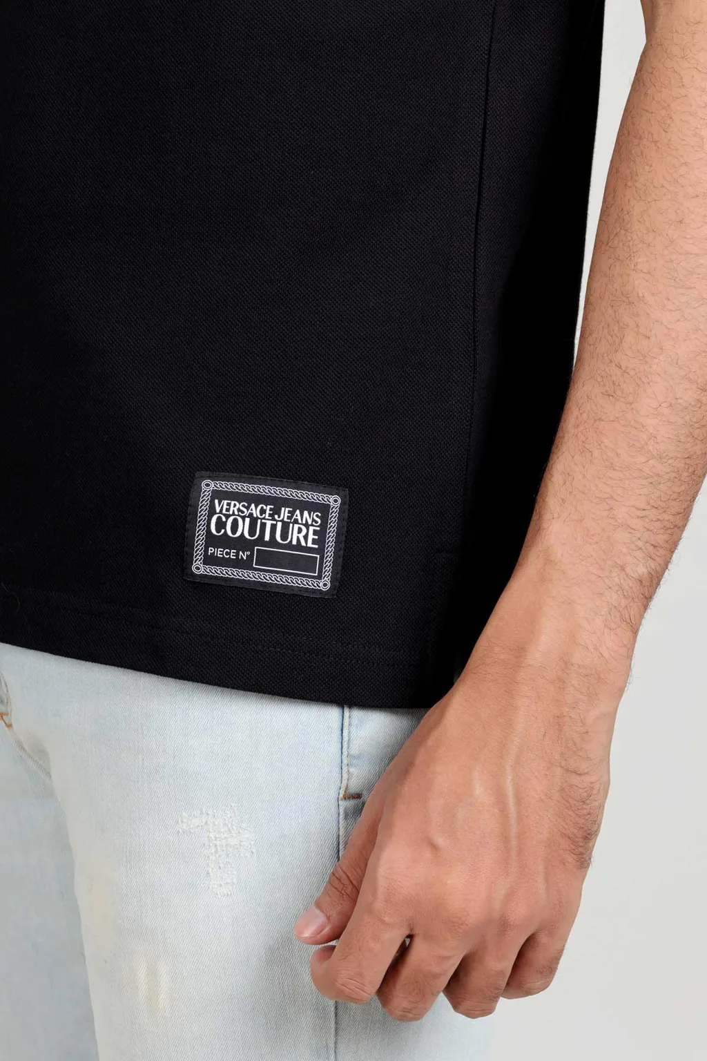 VERSACE JEANS COUTURE Men Rectangle Chain Logo on Bottom Polo Shirt in Black with Ribbed Trims 4