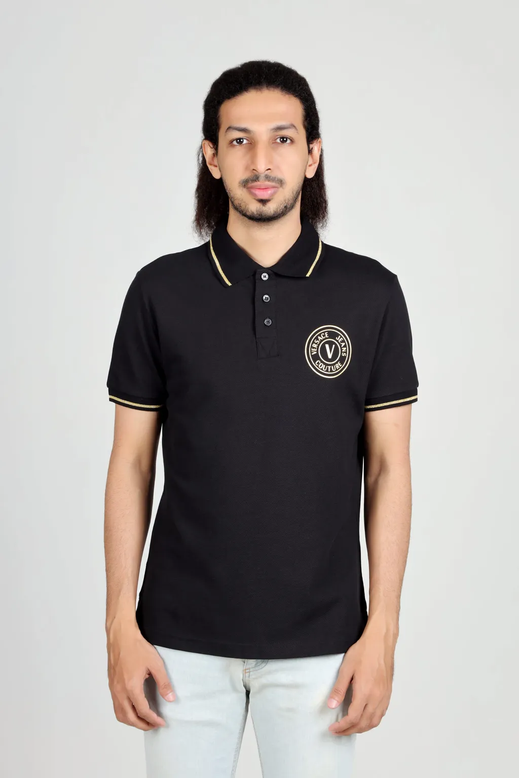 VERSACE JEANS COUTURE Men V-Emblem Polo Shirt in Black/Gold 1