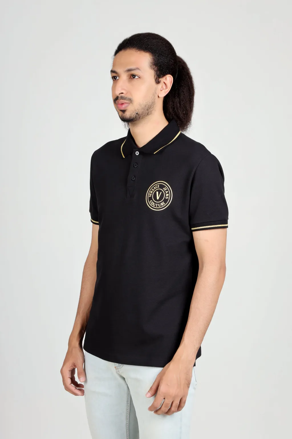 VERSACE JEANS COUTURE Men V-Emblem Polo Shirt in Black/Gold 3