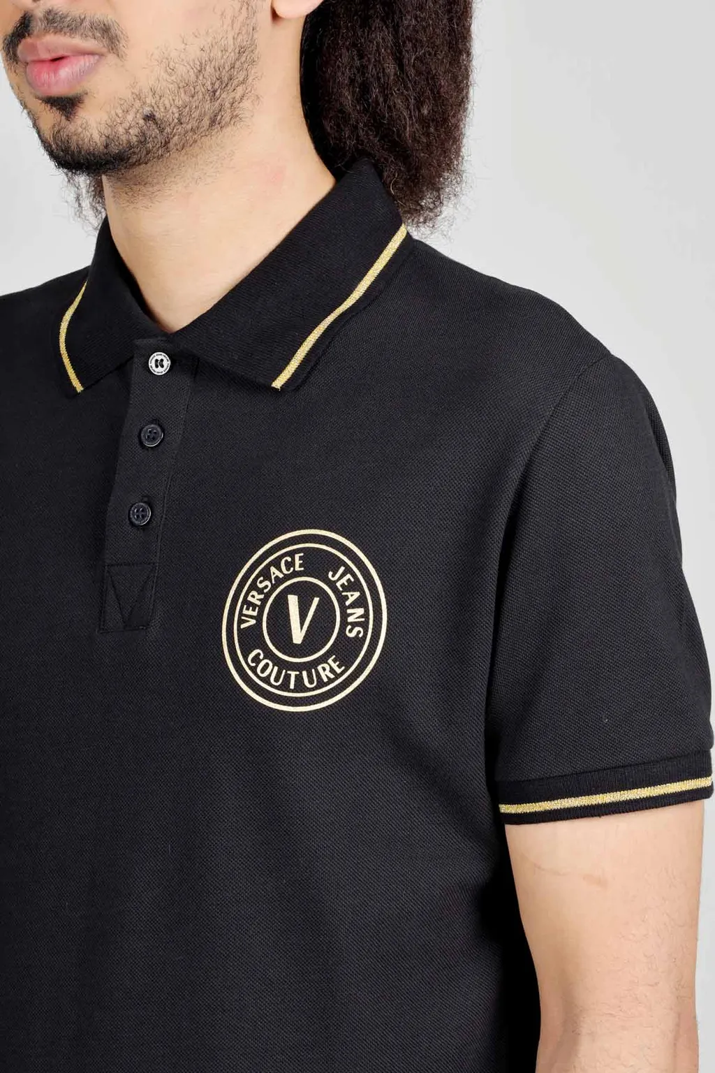 VERSACE JEANS COUTURE Men V-Emblem Polo Shirt in Black/Gold 4