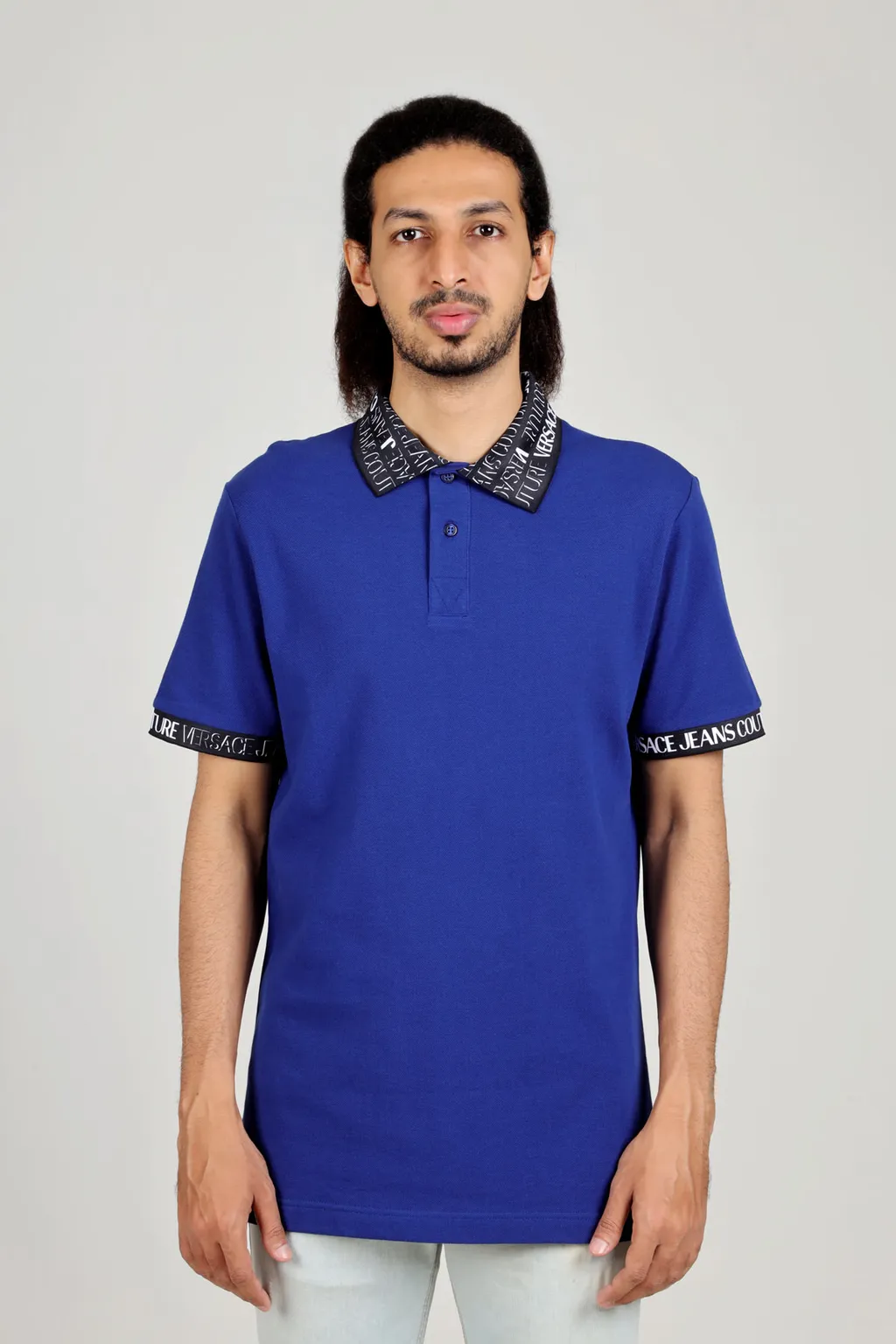 VERSACE JEANS COUTURE Men Polo Shirt in Blue with All Over Logo on Collar and Sleeves 1