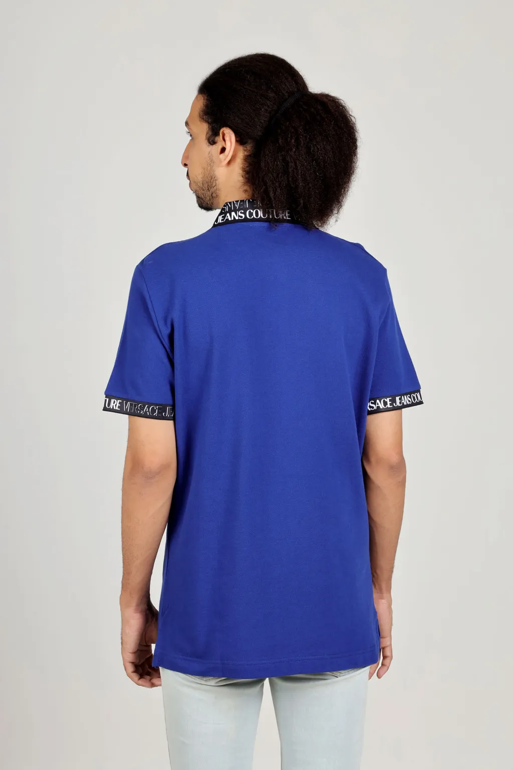 VERSACE JEANS COUTURE Men Polo Shirt in Blue with All Over Logo on Collar and Sleeves 2