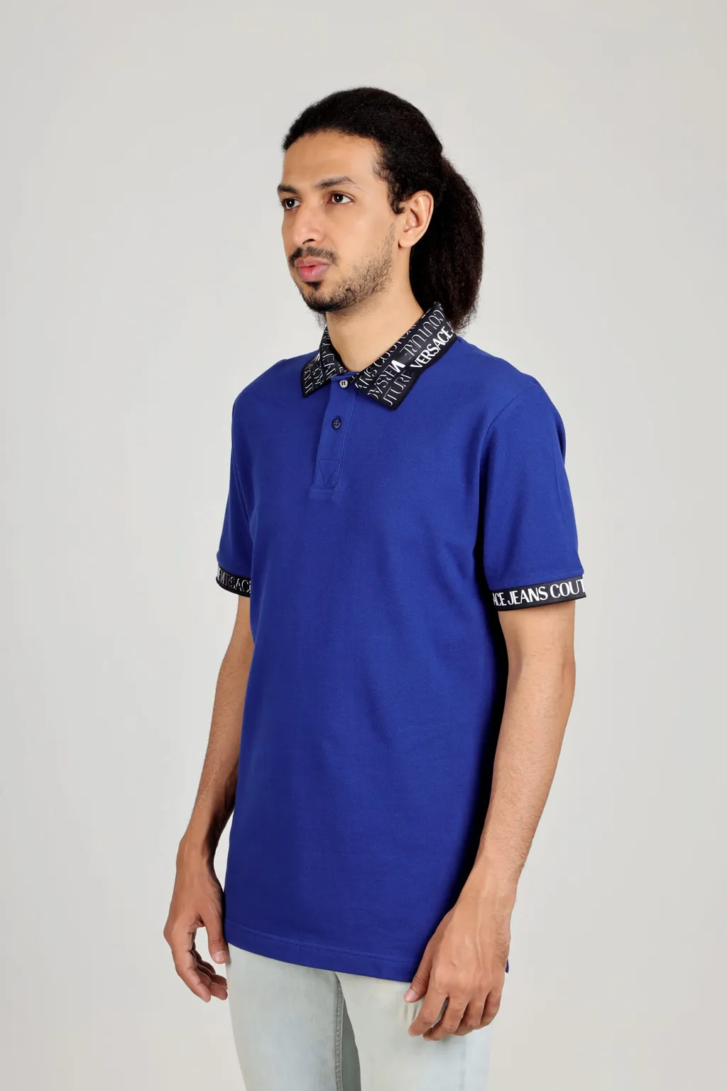 VERSACE JEANS COUTURE Men Polo Shirt in Blue with All Over Logo on Collar and Sleeves 3