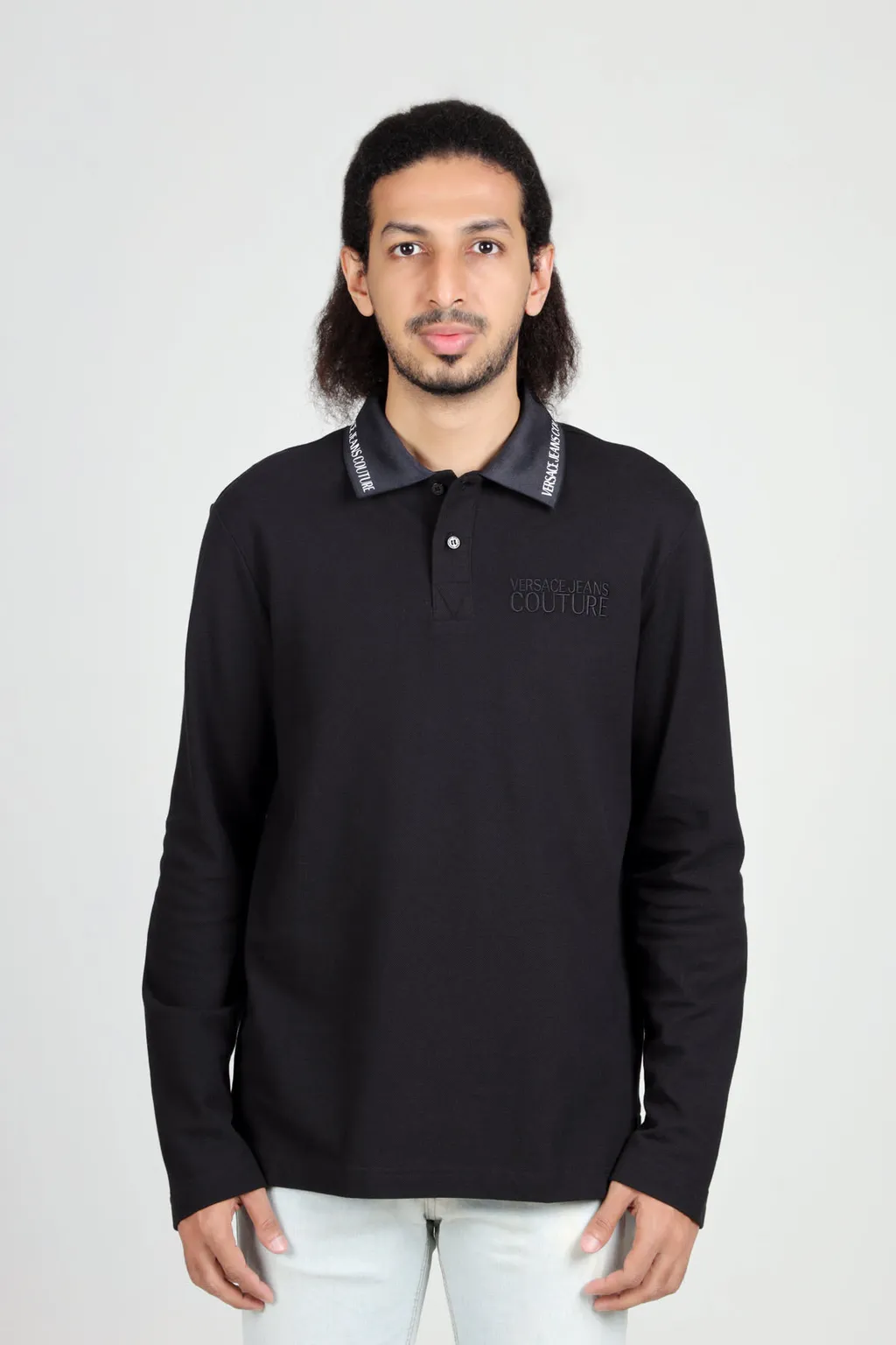 VERSACE JEANS COUTURE Men Long Sleeves Polo Shirt in Black with Logo on Collar 1