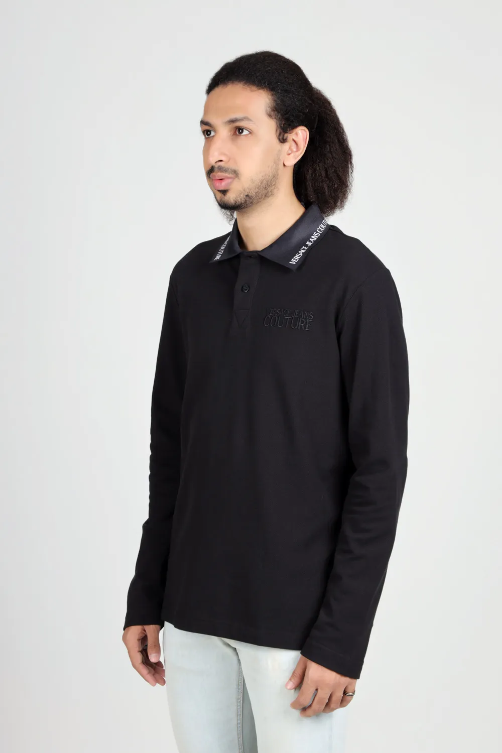 VERSACE JEANS COUTURE Men Long Sleeves Polo Shirt in Black with Logo on Collar 3