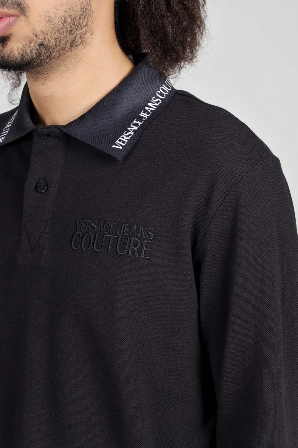 VERSACE JEANS COUTURE Men Long Sleeves Polo Shirt in Black with Logo on Collar 4