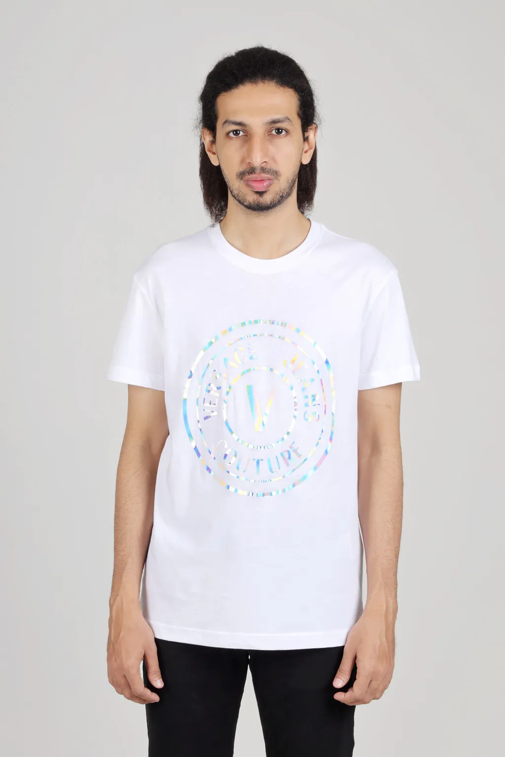 VERSACE JEANS COUTURE Men V-Emblem Iridescent T-Shirt in White 1