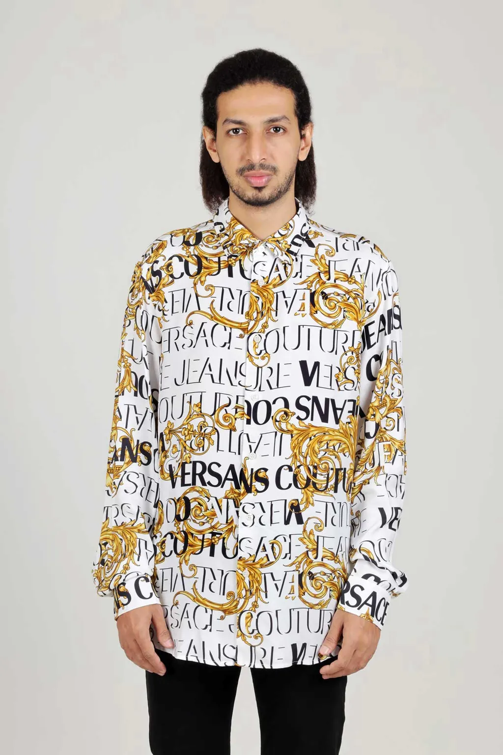 VERSACE JEANS COUTURE Men All Over Couture Print Long Sleeves Shirt in White/Gold Viscose 1