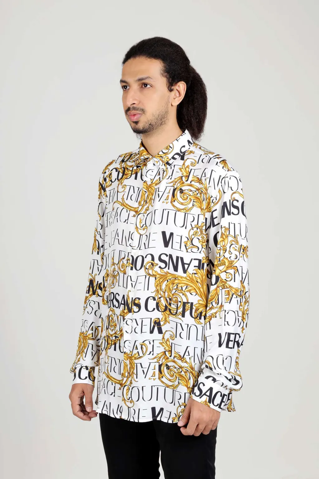 VERSACE JEANS COUTURE Men All Over Couture Print Long Sleeves Shirt in White/Gold Viscose 3