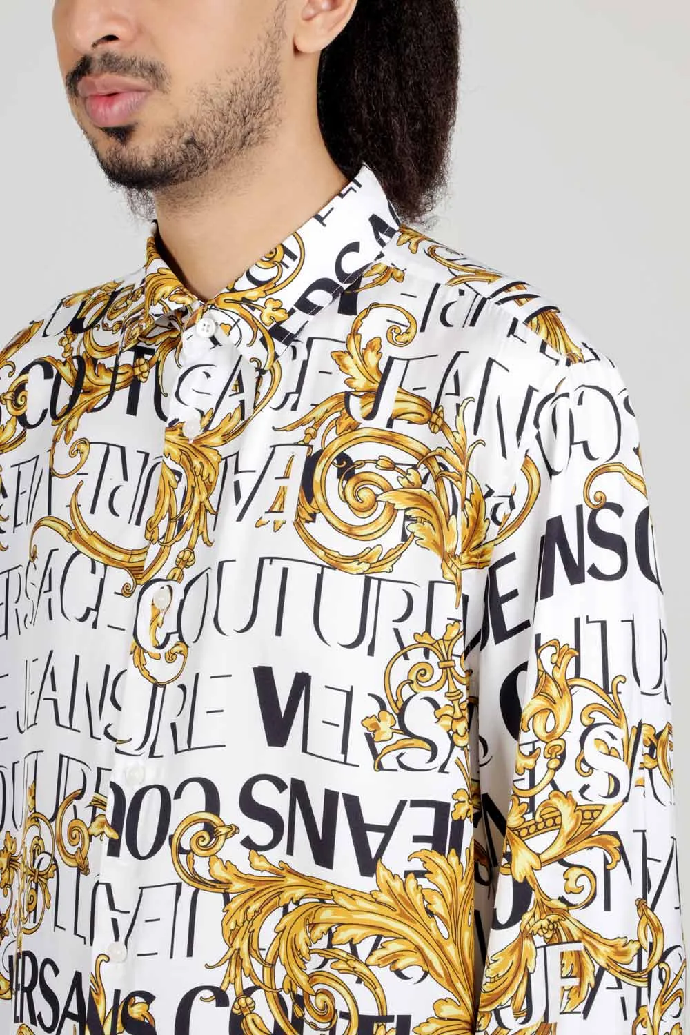 VERSACE JEANS COUTURE Men All Over Couture Print Long Sleeves Shirt in White/Gold Viscose 4