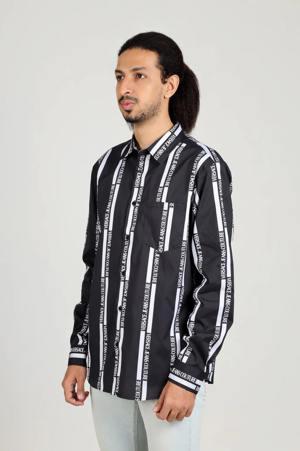 VERSACE JEANS COUTURE Men All Over Lateral Logo Print Long Sleeves Shirt in Black/White 3