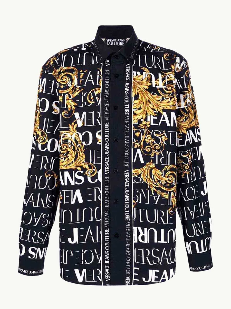 VERSACE JEANS COUTURE Men Panel Logo Baroque Long Sleeves Shirt in Black/Gold 0