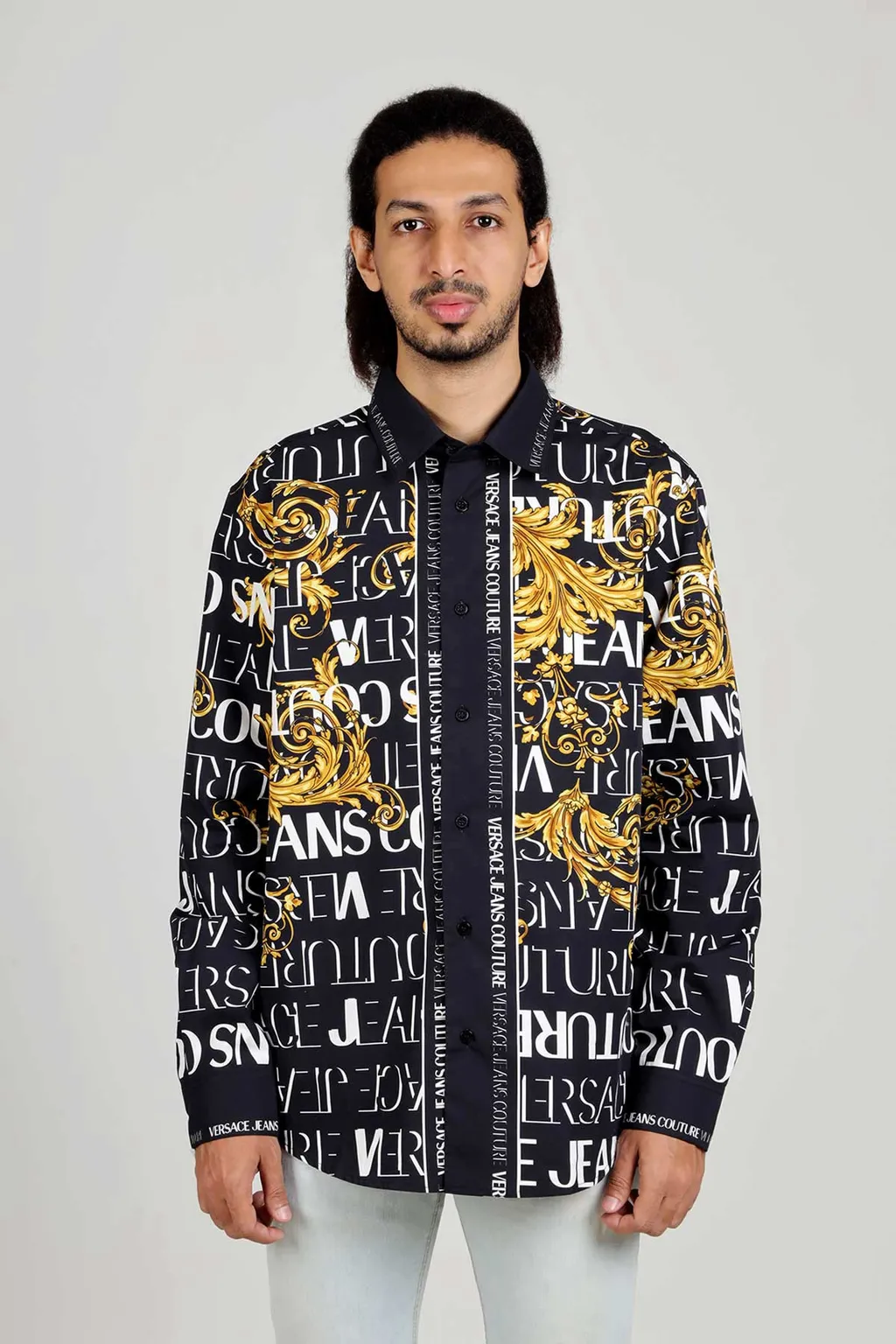 VERSACE JEANS COUTURE Men Panel Logo Baroque Long Sleeves Shirt in Black/Gold 1