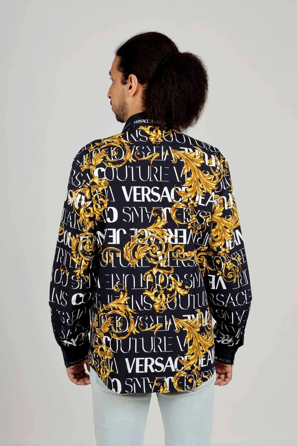 VERSACE JEANS COUTURE Men Panel Logo Baroque Long Sleeves Shirt in Black/Gold 2