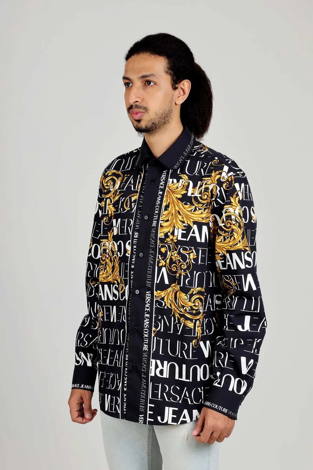 VERSACE JEANS COUTURE Men Panel Logo Baroque Long Sleeves Shirt in Black/Gold 3