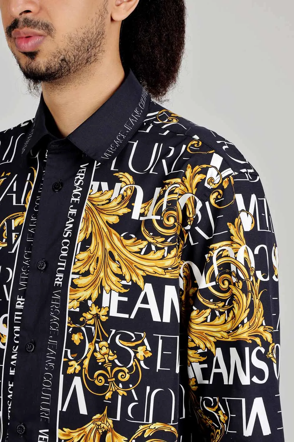 VERSACE JEANS COUTURE Men Panel Logo Baroque Long Sleeves Shirt in Black/Gold 4