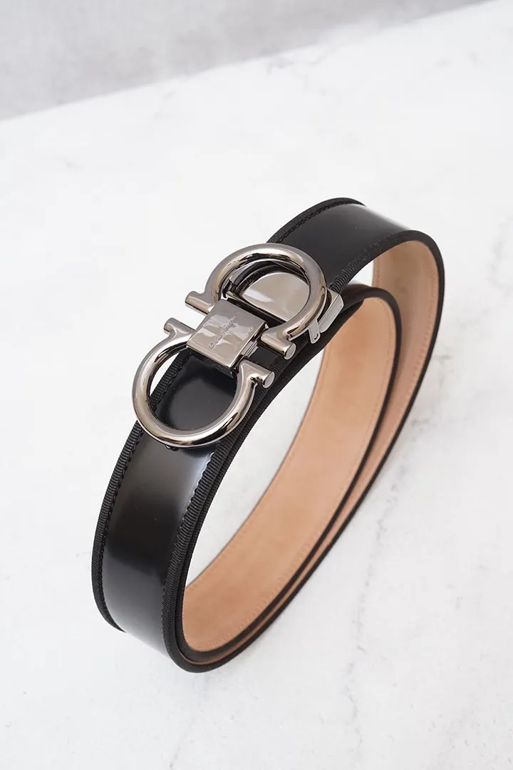SALVATORE FERRAGAMO Men Adjustable Grosgrain Lining Gancini Belt 3.5cm in Black/Natural 1