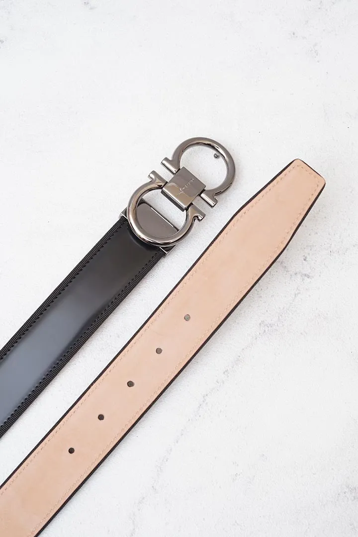 SALVATORE FERRAGAMO Men Adjustable Grosgrain Lining Gancini Belt 3.5cm in Black/Natural 2
