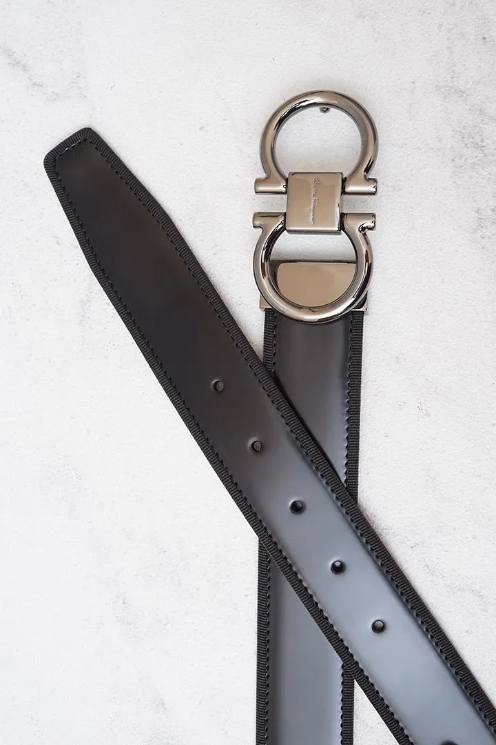 SALVATORE FERRAGAMO Men Adjustable Grosgrain Lining Gancini Belt 3.5cm in Black/Natural 3