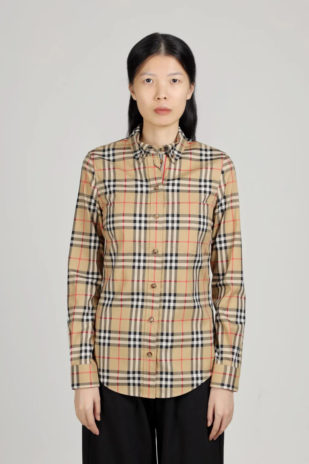 BURBERRY Women Button-Down Collar Vintage Check Stretch Cotton Shirt in Archive Beige 1
