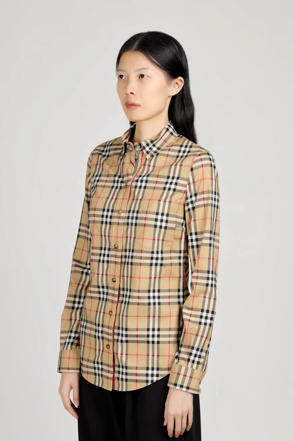 BURBERRY Women Button-Down Collar Vintage Check Stretch Cotton Shirt in Archive Beige 3
