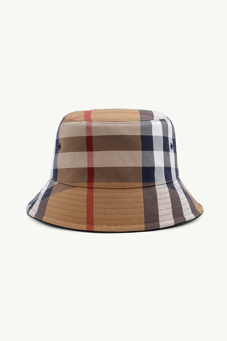 BURBERRY Men Check Cotton Bucket Hat in Birch Brown Canvas with Supple Lambskin 1