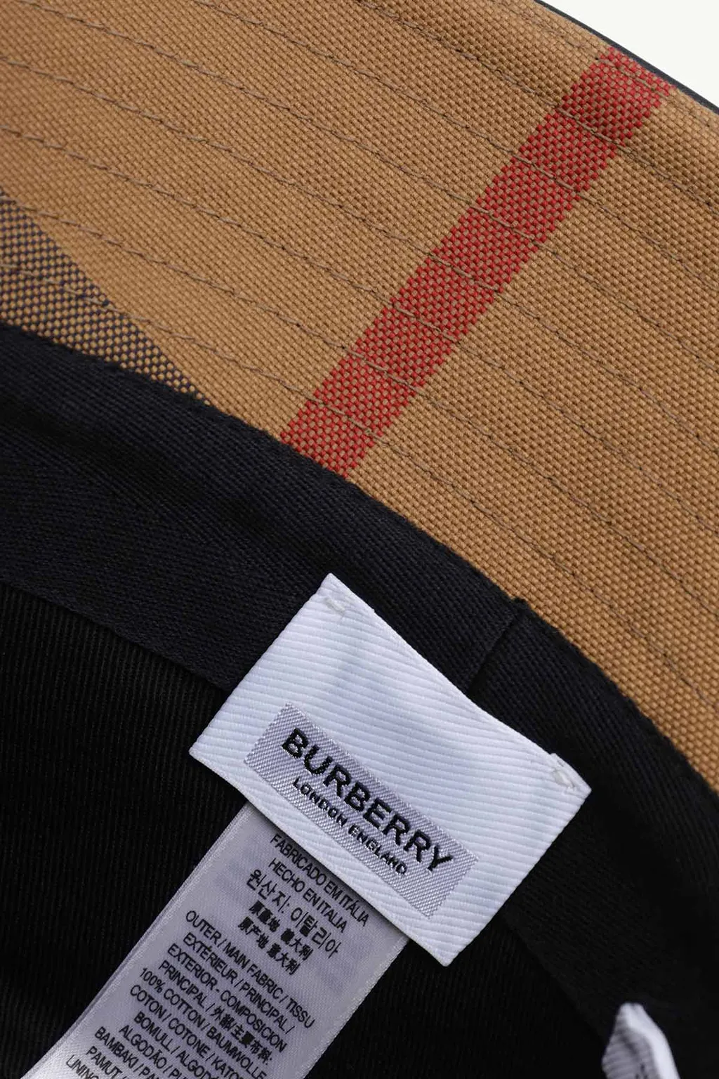 BURBERRY Men Check Cotton Bucket Hat in Birch Brown Canvas with Supple Lambskin 4