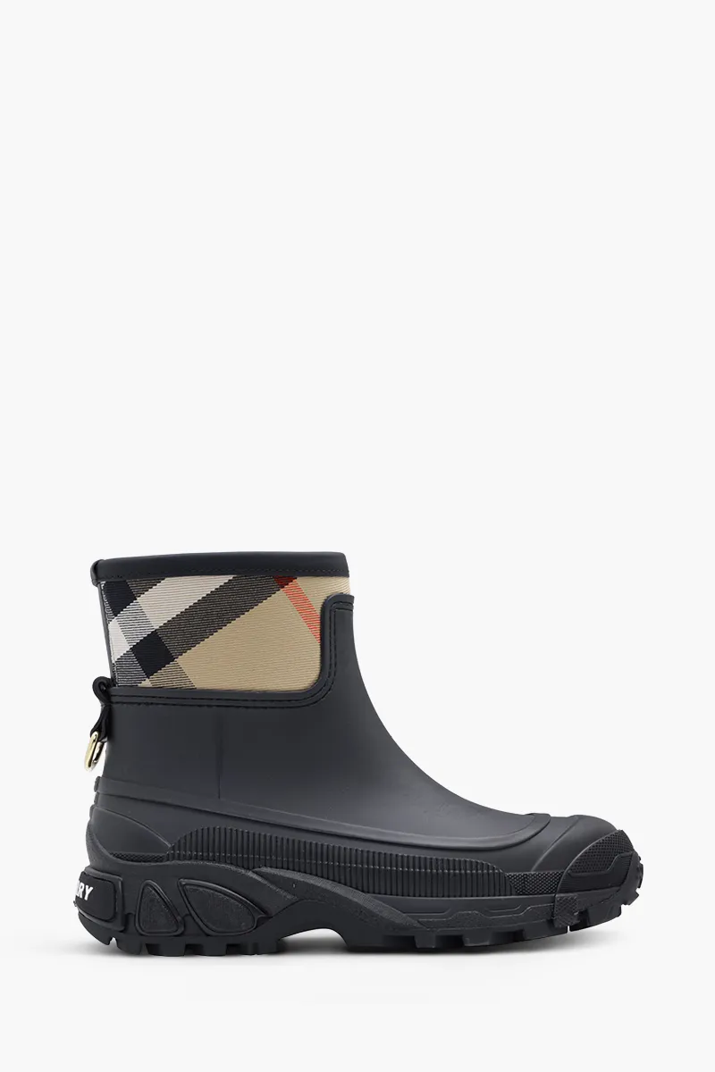 BURBERRY Women House Check Panel Rain Boots in Black/Archive Beige 0