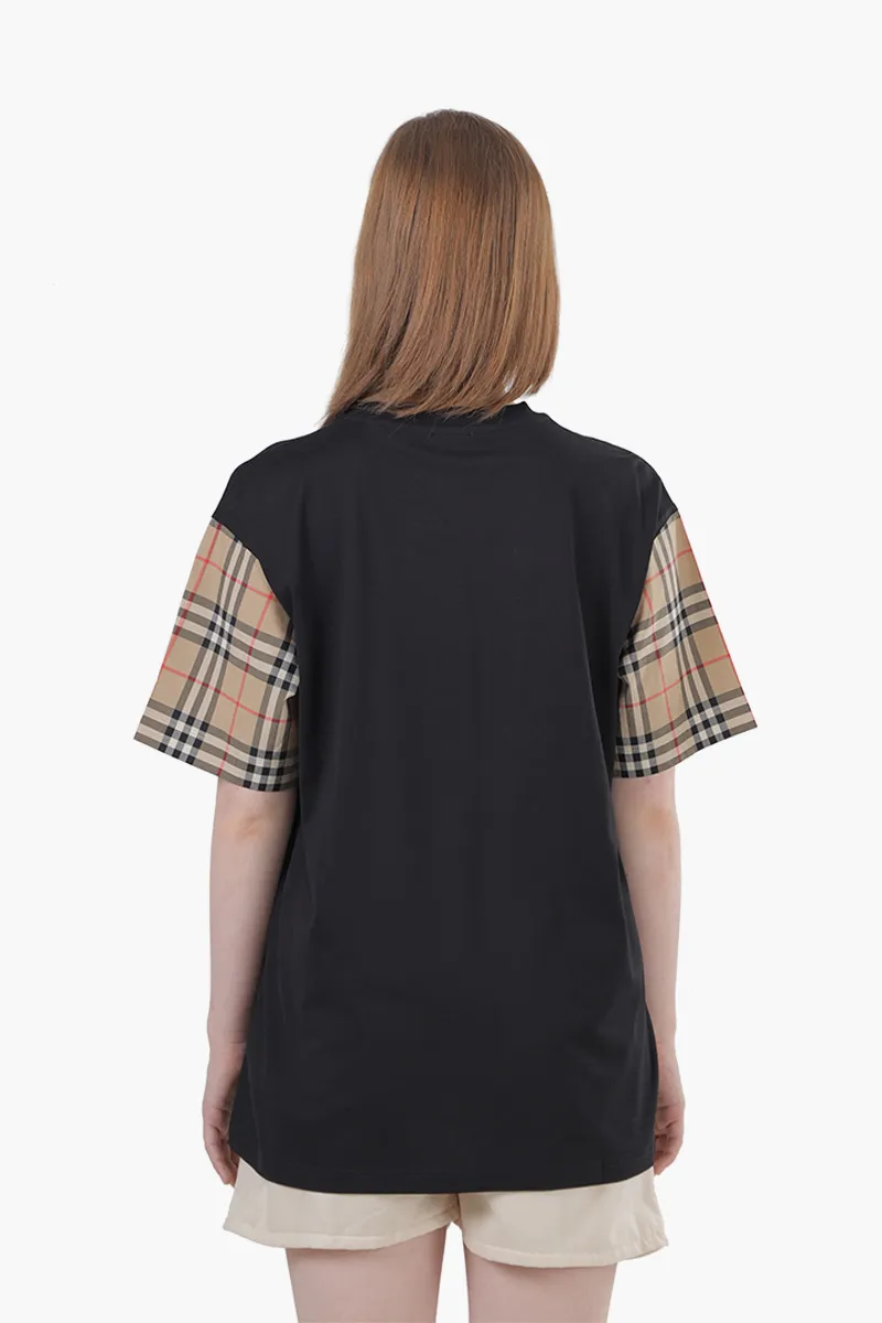 BURBERRY Women Vintage Check on Sleeves Oversized T-Shirt in Black/Archive Beige 1