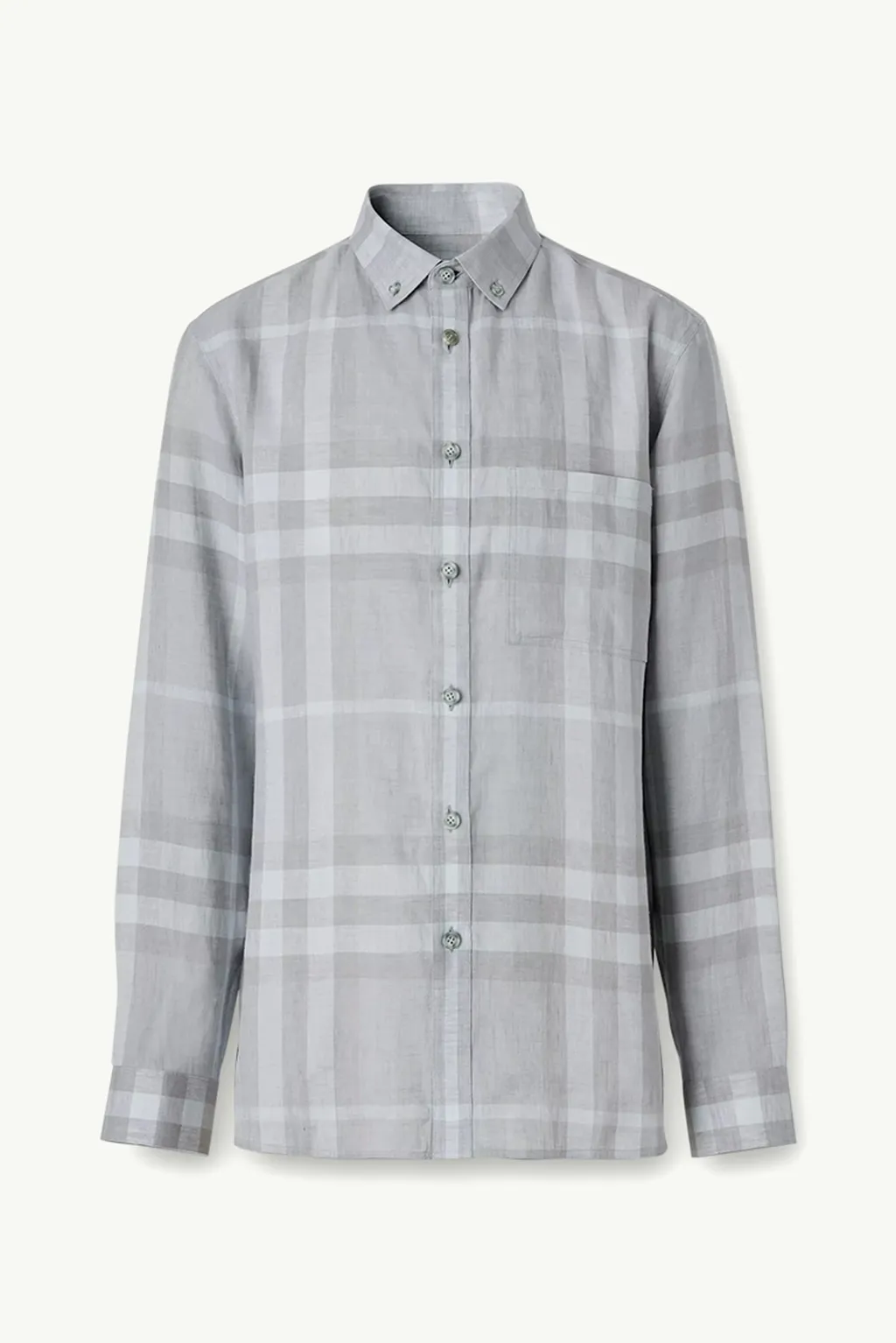 BURBERRY Men Button-Down Collar Check Linen Long Sleeve Shirt in Grey Taupe 0