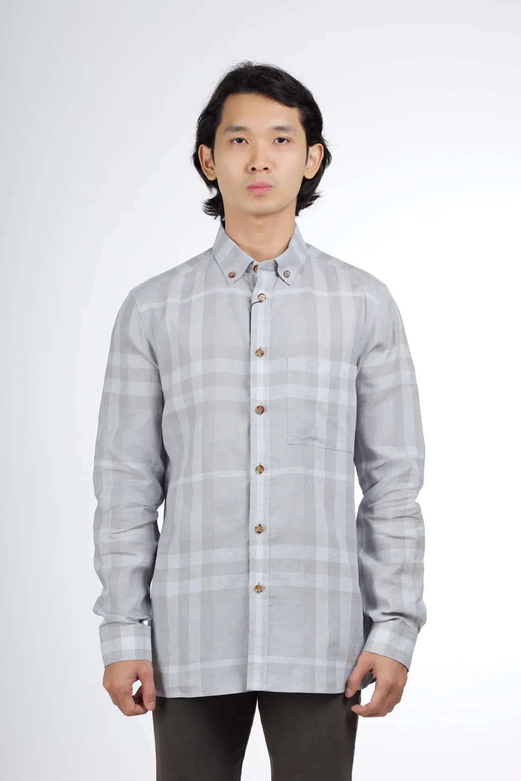 BURBERRY Men Button-Down Collar Check Linen Long Sleeve Shirt in Grey Taupe 1
