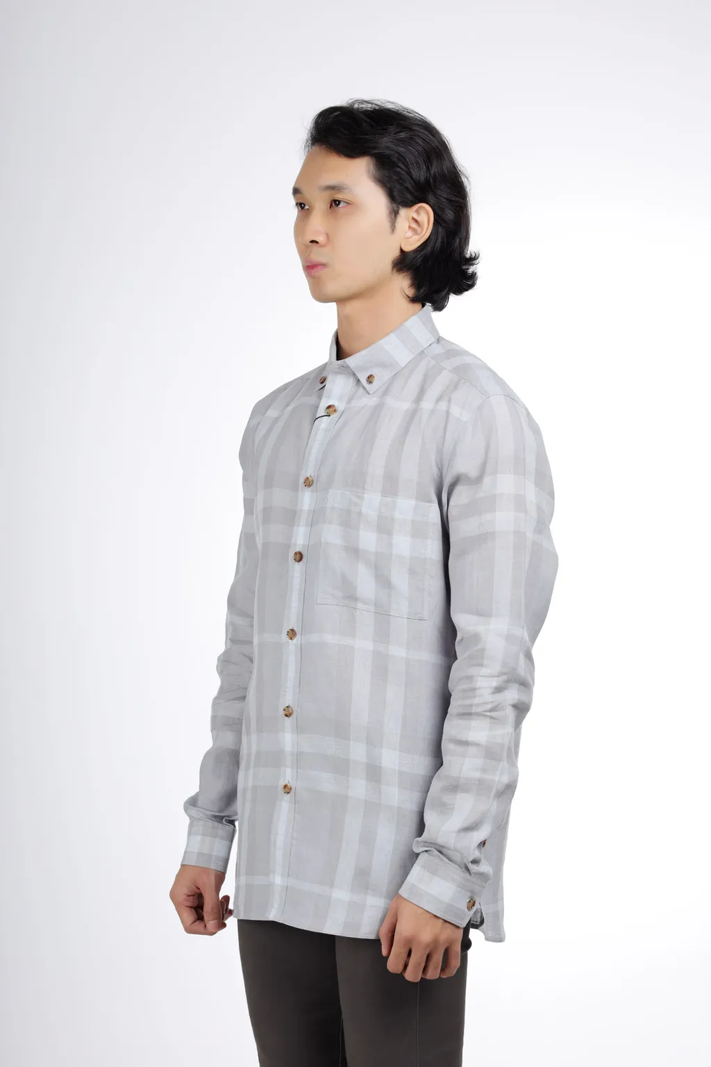 BURBERRY Men Button-Down Collar Check Linen Long Sleeve Shirt in Grey Taupe 3