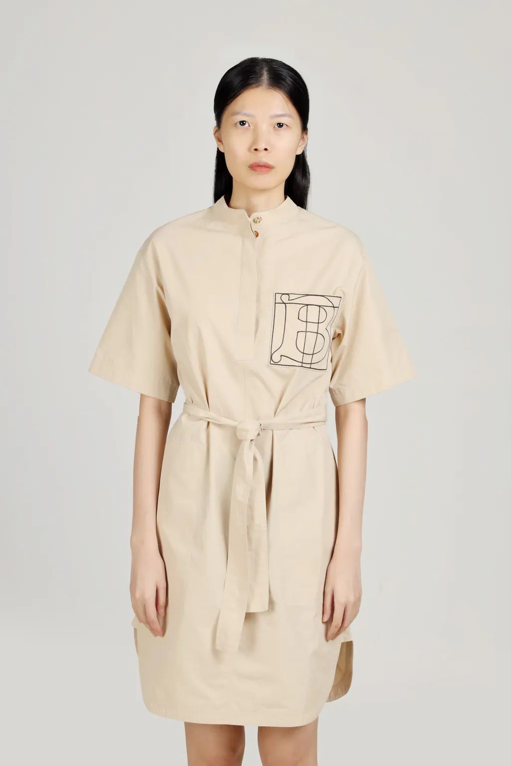 BURBERRY Women Monogram Motif Cotton Tie-Waist Shirt Dress in Almond Beige 1