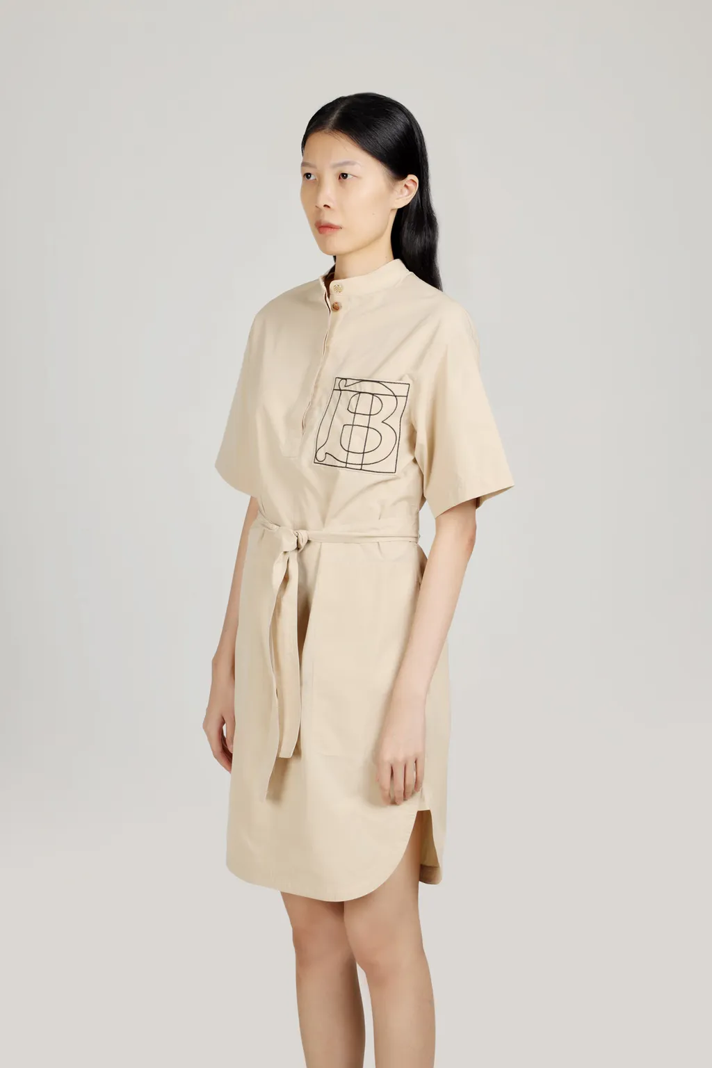 BURBERRY Women Monogram Motif Cotton Tie-Waist Shirt Dress in Almond Beige 3