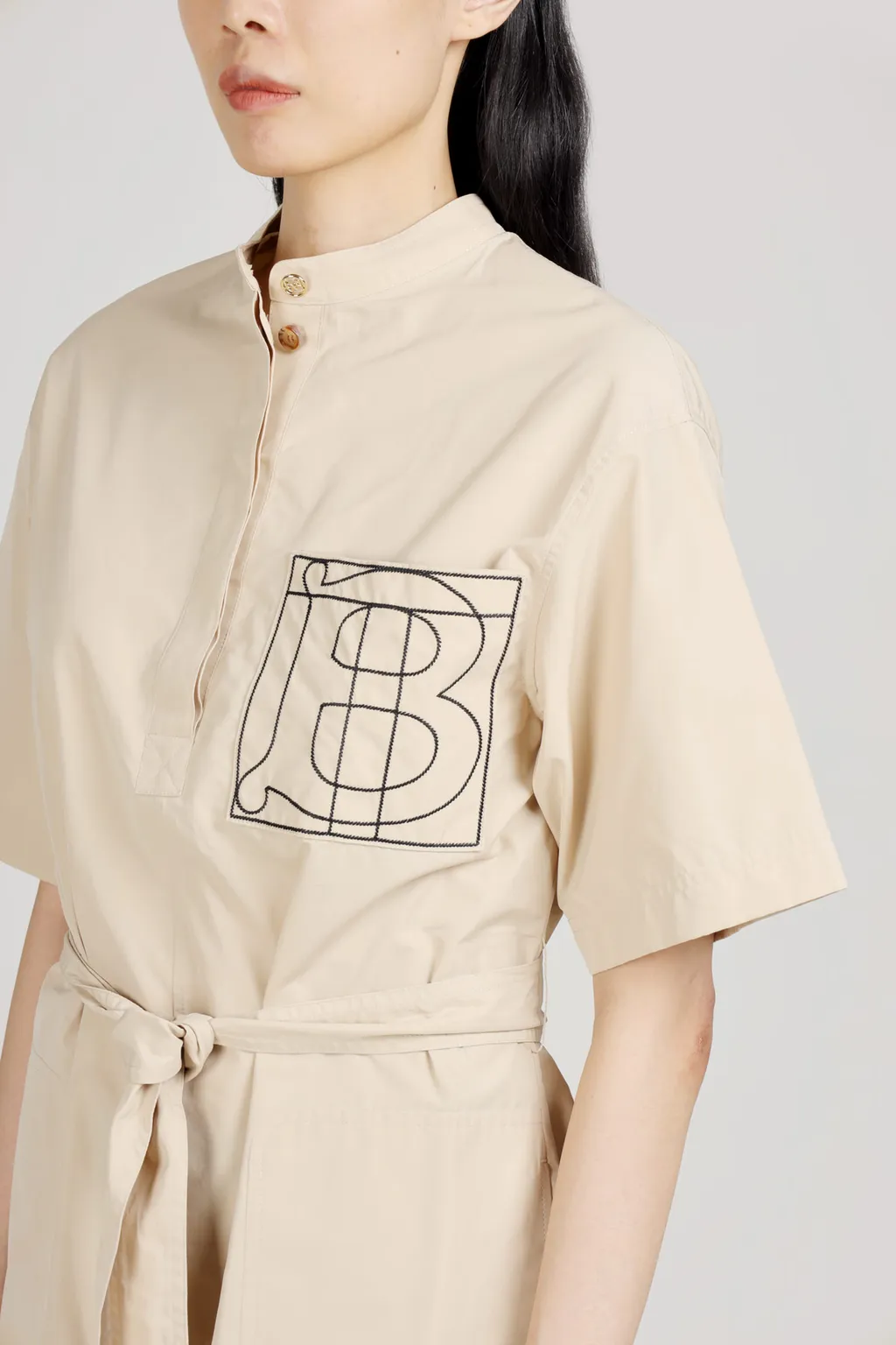 BURBERRY Women Monogram Motif Cotton Tie-Waist Shirt Dress in Almond Beige 4
