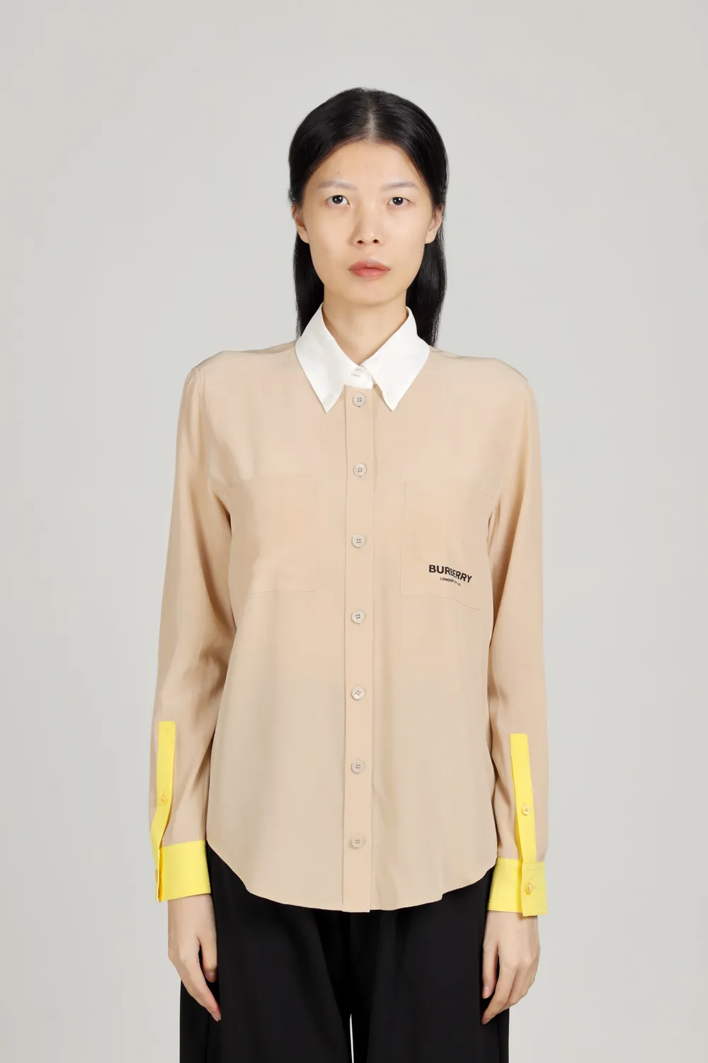 BURBERRY Women Anette Silk Long Sleeves Shirt in Soft Fawn 1